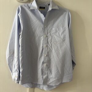 Chaps Mens 17 Button-Down Shirt Blue White Checkered Stretch Wrinkle Free Preppy
